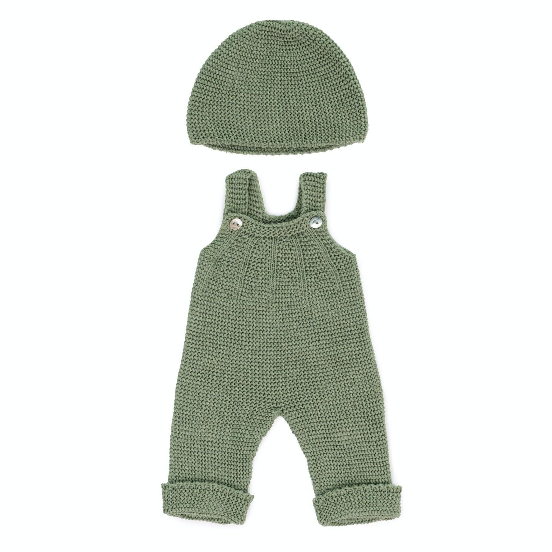 Miniland Poupées: SALOPETTE TRICOTÉ vert pour garçcon 38cm, éco et recyclé, 2 pièces,  avec bonnet beanie, sur un cintre, 3+