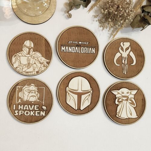 Set of 6 The Mandalorian  Wood Coasters - Housewarming Gift