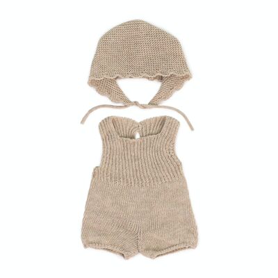 Miniland Dolls: Beige KNITTED ROMPER for boy 38cm, eco and recycled, 2 pieces, with hat, on a hanger, 3+