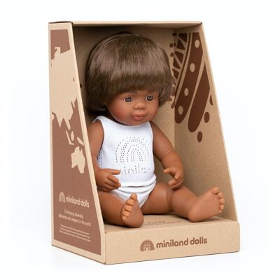 Miniland Dolls: AUSTRALIAN ABORIGINAL BOY DOLL 38cm, vanilla scented, raincoat, gendered  doll, resin, gift box. Made in ES, 10m+