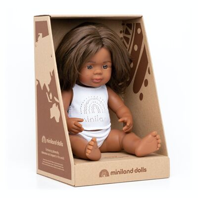 Miniland Dolls: AUSTRALIAN ABORIGINAL GIRL DOLL 38cm, vanilla scented, waterproof, gendered  doll, in resin, in gift box. Made in ES, 10m+