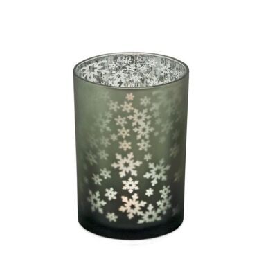 Teelichthalter Windlicht Schneeflocken, schwarz-grünes Glas, Höhe 18 cm