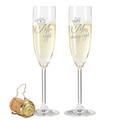 Verre à champagne Leonardo avec gravure - Mr. Right & Mrs. Always Right - 200 ml - Convient pour le champagne et le vin mousseux