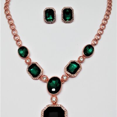 Necklace and ear studs set rose gold/crystal/emerald green