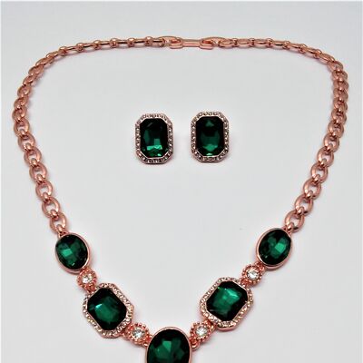 Set collana e orecchini a bottone oro rosa/cristallo/verde smeraldo