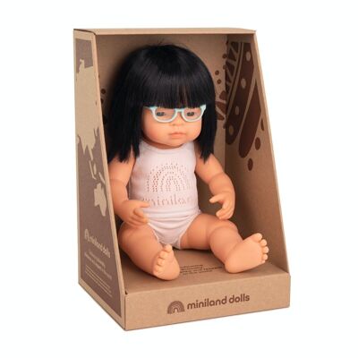 Miniland Poupées: POUPÉE FILLE ASIATIQUE avec LUNETTES 38cm, parfumée vanille,  imperméable, poupée sexuée, en résine, en boîte cadeau. Made in Spain, 3+