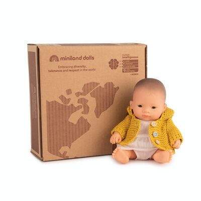 Miniland Dolls: ASIAN BABY GIRL DOLL with CLOTHES 21cm, vanilla scented, raincoat, gendered doll, resin, in gift box. Made in Spain,3+