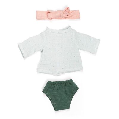 Miniland Dolls: SET de ROPA verde/blanco para niña 32cm, 3 piezas, jersey, bóxer y cinta para el pelo, con percha, 3+