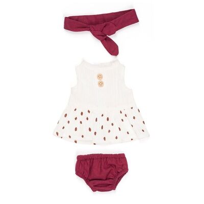Miniland Dolls: burgundy/white CLOTHING SET for girl 32cm, 3 pieces, dress, boxer shorts and hair ribbon, with hanger, 3+