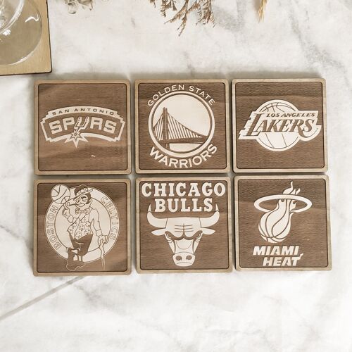 Set of 6 NBA Collection  Wood Coasters - Housewarming Gift