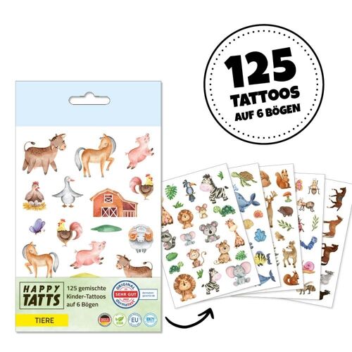 HAPPY TATTS, Kids-Tattoos ‘Animals’ (125 pcs.)