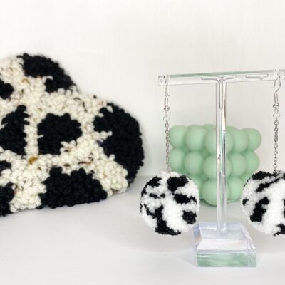 Cow Print Pom Pom Earrings