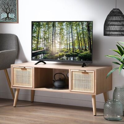 TV unit 2 drawers with rattan fronts - L100 cm