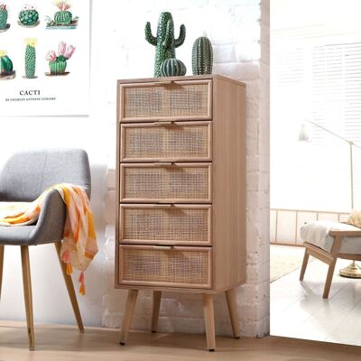 Chest of 5 drawers with natural rattan fronts - L36.5 x H100.5 cm