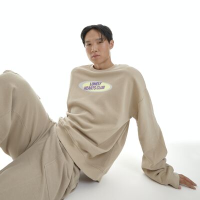 Lonely Hearts Oversized Crewneck Sweatshirt With Graphic In Beige