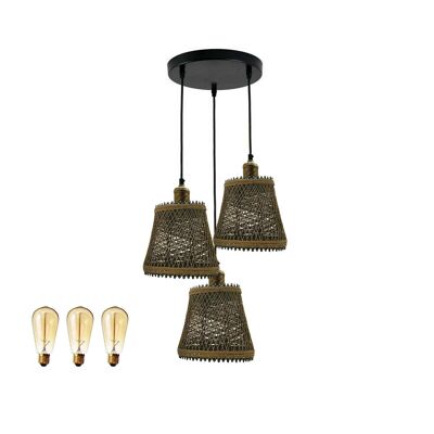 Lampadario industriale in rattan di design in vimini, pendente a soffitto, finitura marrone chiaro ~ 1416