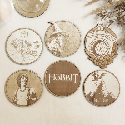 Lot de 6 sous-verres en bois The Hobbit Collection - Cadeau de pendaison de crémaillère - Le Seigneur des Anneaux
