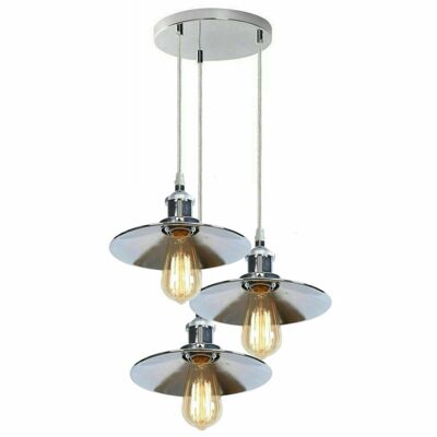 Retro 3 Head Pendant Hanging Light Chrome Metal Flat Lamp Shade For Bed room, Kitchen, Study room, Dining room~1324