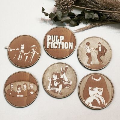 Ensemble de 6 sous-verres en bois de la collection Pulp Fiction - cadeau de pendaison de crémaillère
