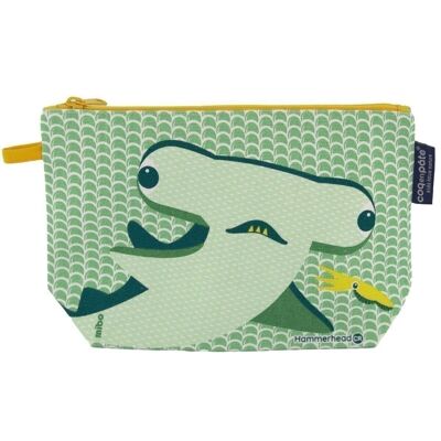 Green canvas organic cotton gusseted pencil case - Hammerhead Shark