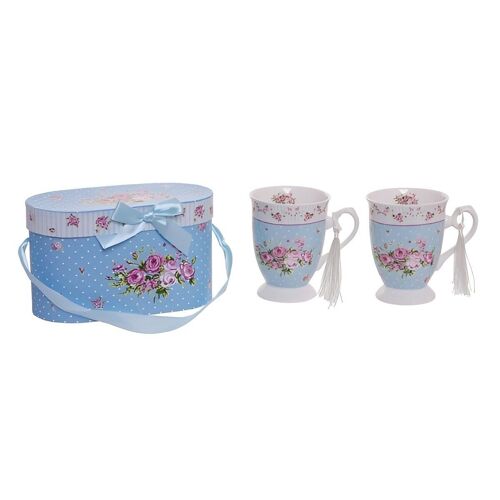 Set of 2 ceramic mugs in blue shade with pink roses in gift box