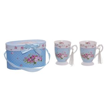 Ensemble de 2 tasses en céramique de couleur bleue avec des roses roses dans une boîte cadeau
