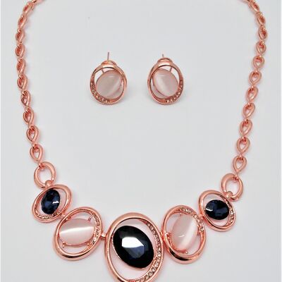 2-piece set Necklace/earrings rose gold/crystal/crystal blue/resin