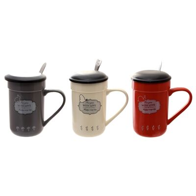 Tasse en céramique avec couvercle et cuillère avec message d'amour dans la boîte TM-406