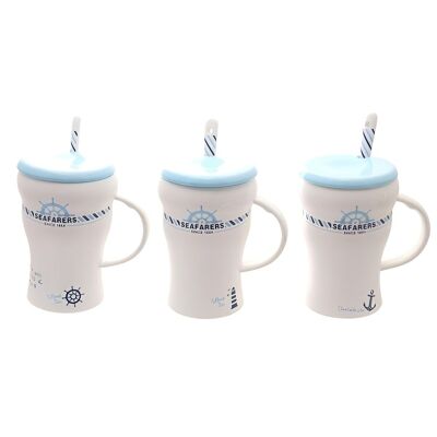 Ceramic mug in  4 different nautical designs with lid and spoon -  in box TM-411