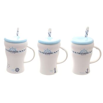 Mug en céramique en 4 motifs nautiques différents avec couvercle et cuillère - dans la boîte TM-411