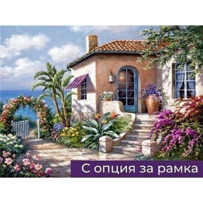 Diamond Painting Greek villa, 30x40 cm, Round Drills with Frame