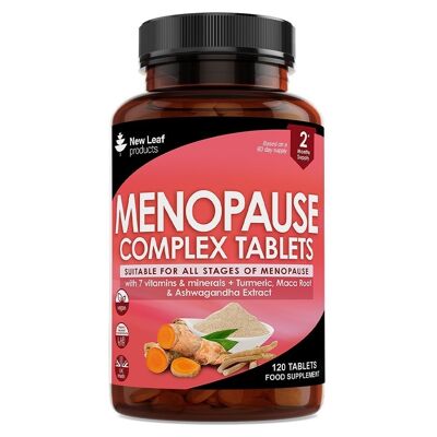 Suplementos de menopausia para mujeres enriquecidos con extracto de cúrcuma, ashwagandha y maca - 120 tabletas aptas para todas las etapas de la menopausia