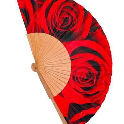 Wood and fabric fan handmade in Spain. Red roses