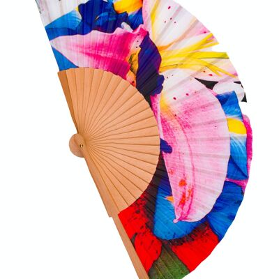 Wood and fabric fan handmade in Spain. Blue flower