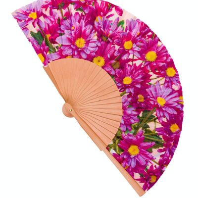 Wood and fabric fan handmade in Spain. mauve daisies