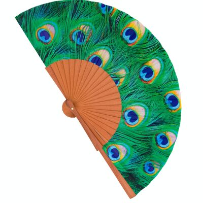 Wood and fabric fan handmade in Spain. Peacock
