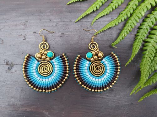 Turquoise crystal & blue macrame boho earrings