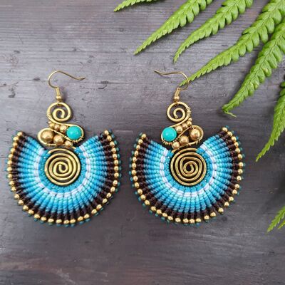 Boucles d'oreilles boho cristal turquoise & macramé bleu