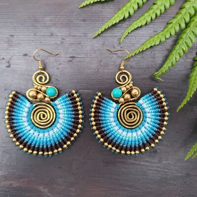 Turquoise crystal & blue macrame boho earrings
