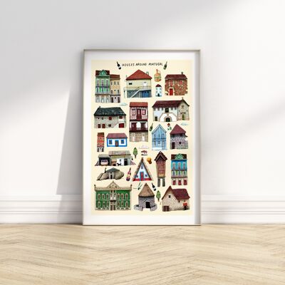 Maisons autour du Portugal - Illustration Art Print - Taille A4 / A3