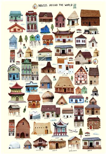 Maisons autour du monde - Illustration Art Print - Format A4 / A3 2