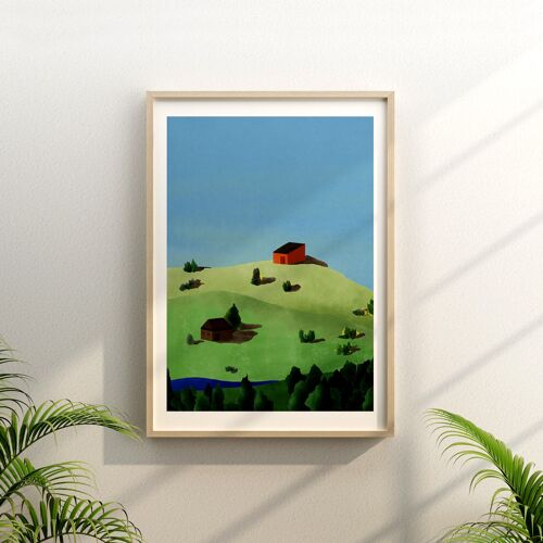 Blue Sky and Green Fields - Illustration Art Print - Size A4 / A3