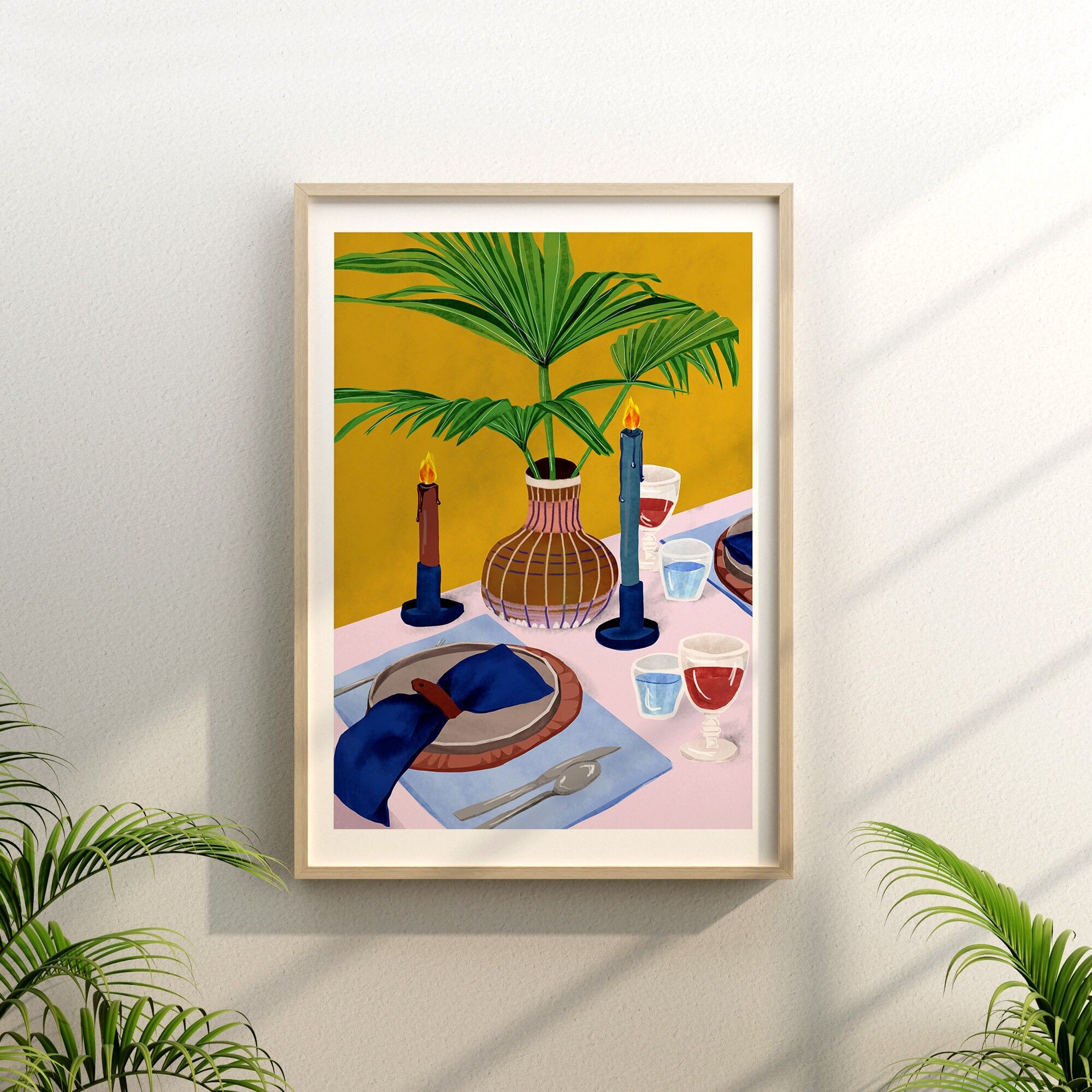 Rotwein Abendessen - Illustration Kunstdruck - Größe A4 / A3