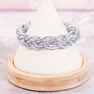 Silver double braided Buddhist bangle - SIZE M 62 mm