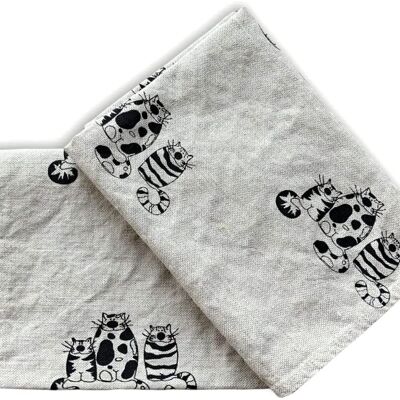 JOWOLLINA set of 2 gourmet tea towels 44x68 cm half linen stonewashed printed 3 cats black