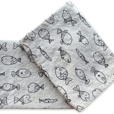 JOWOLLINA set of 2 gourmet tea towels 44x68 cm half linen stonewashed printed little fish black