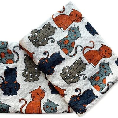 JOWOLLINA set of 2 gourmet tea towels 44x68 cm half linen stonewashed printed cat orange