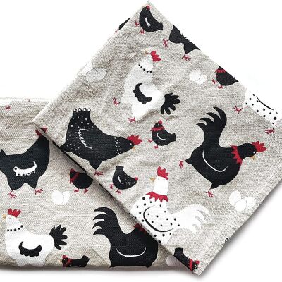 JOWOLLINA Set of 2 Gourmet Tea Towels 44x68 cm Half Linen Stonewashed Printed Chicken
