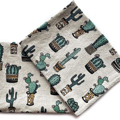 JOWOLLINA juego de 2 paños de cocina gourmet 44x68 cm medio lino estampado cactus vaquero lavado a la piedra