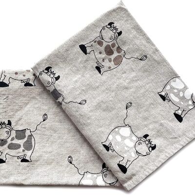 JOWOLLINA set of 2 gourmet tea towels 44x68 cm half linen stonewashed printed Happy Cow
